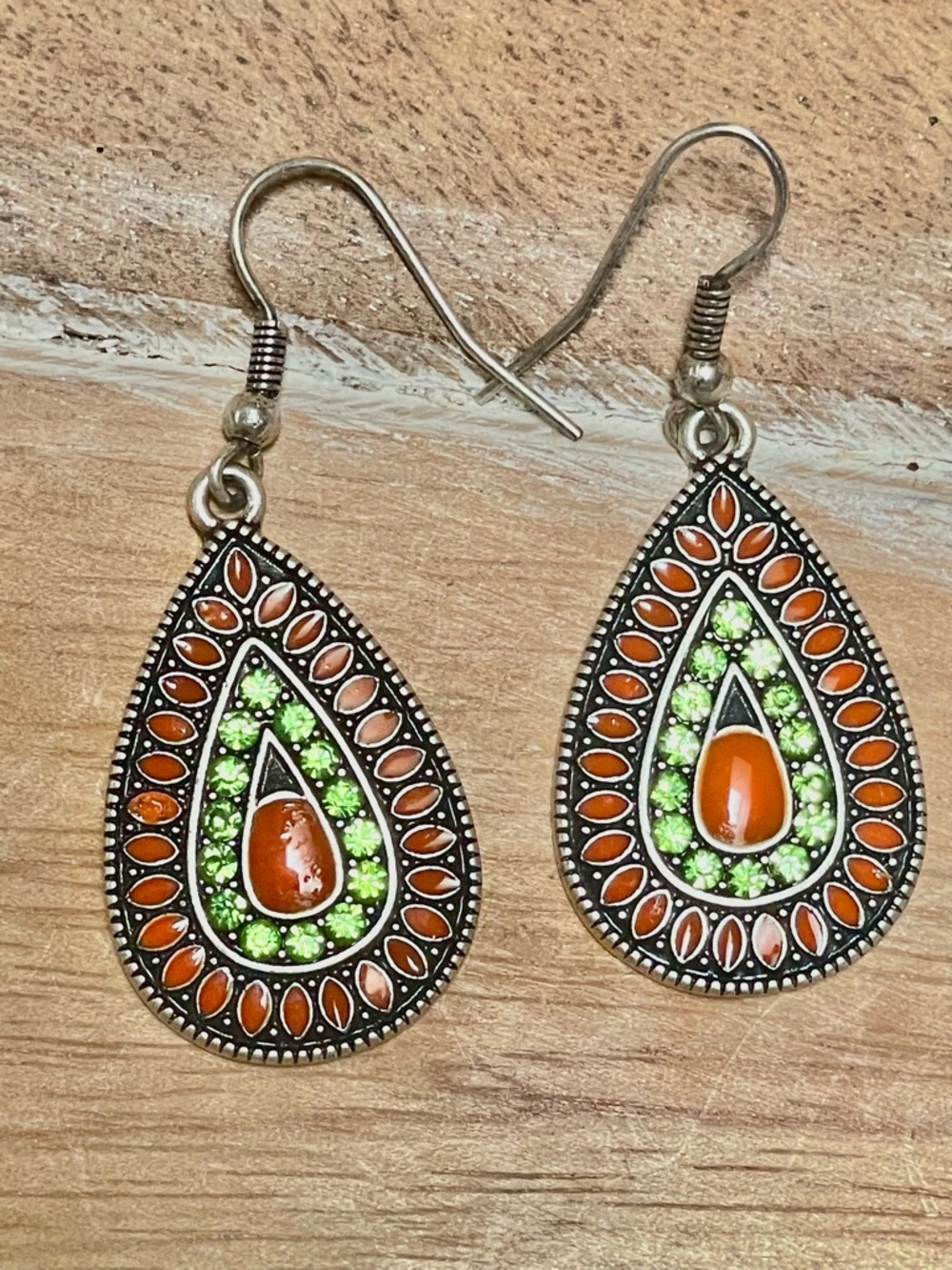 Small Boho Teardrop Dangle Earrings in Orange and Lime Green